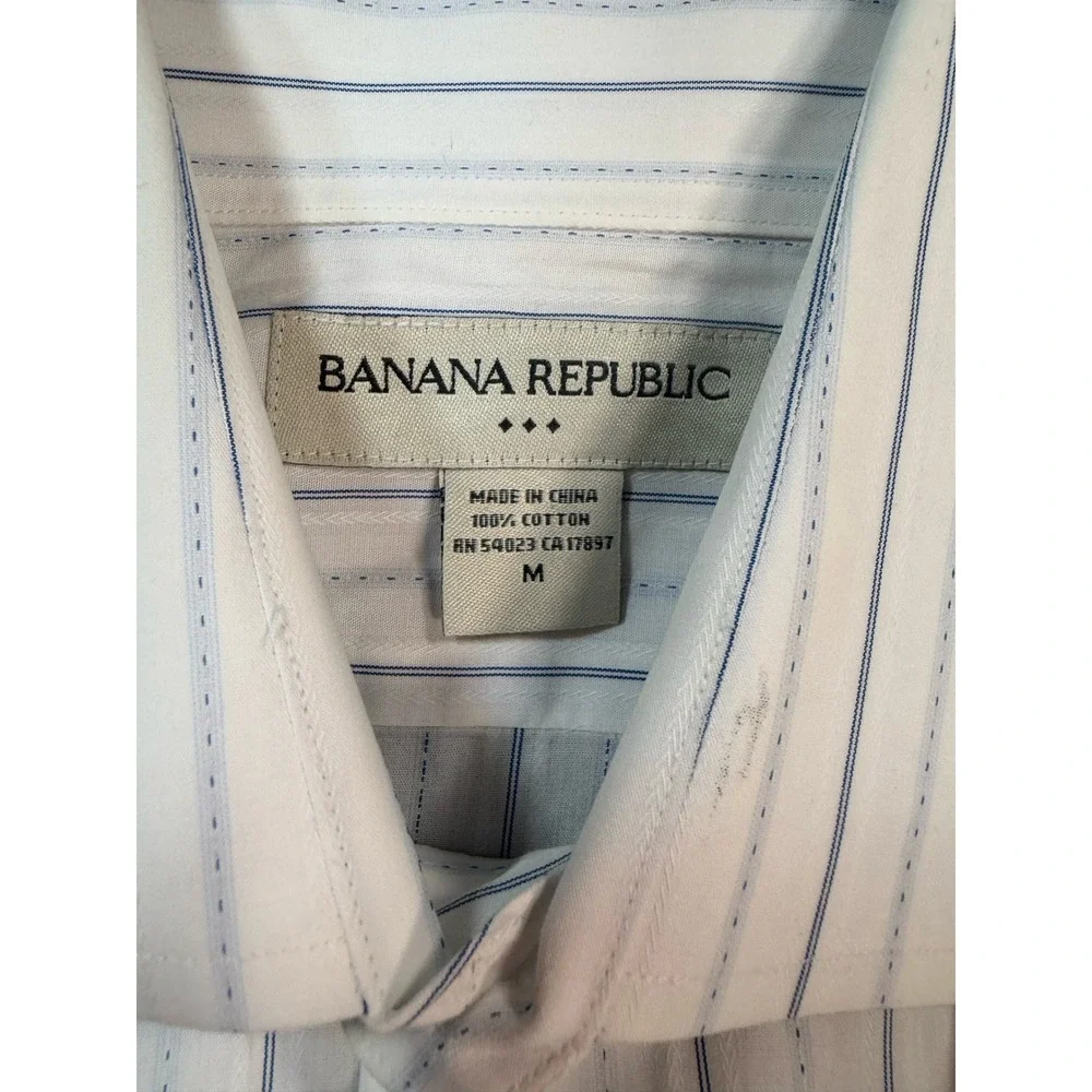 Banana Republic Mens Medium White Blue Striped Cotton Long Sleeve Button Down